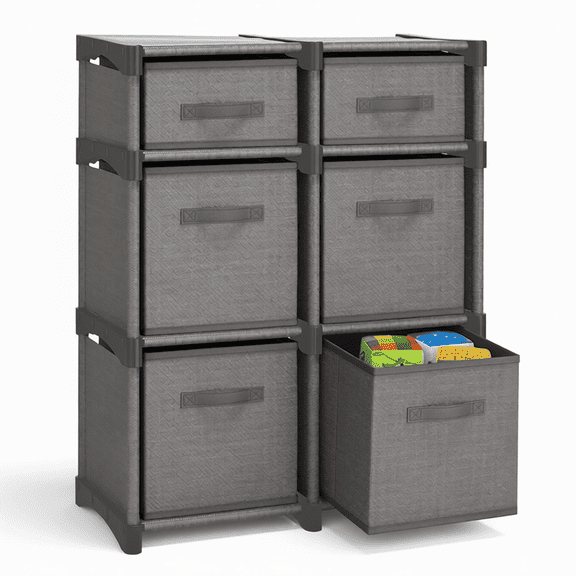6-Cube Storage Organizer Shelf in Gray – DIY Modular Cubby Unit with Fabric Bins, Sturdy Shelving for Bedroom, Playroom & Living Space