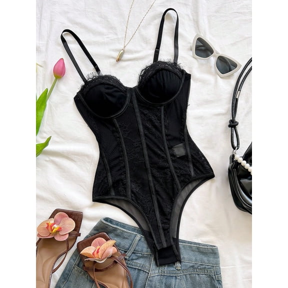 Black-2 Lace Trim Bustier Bodysuit With Spaghetti Straps And Molded Cups