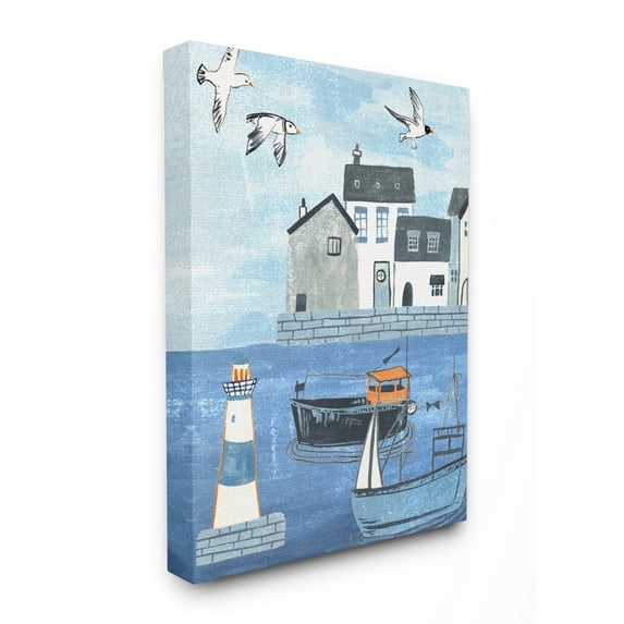 The Stupell Home Decor Lighthouse Seagulls Illustrated Dock Scene Canvas Wall Art