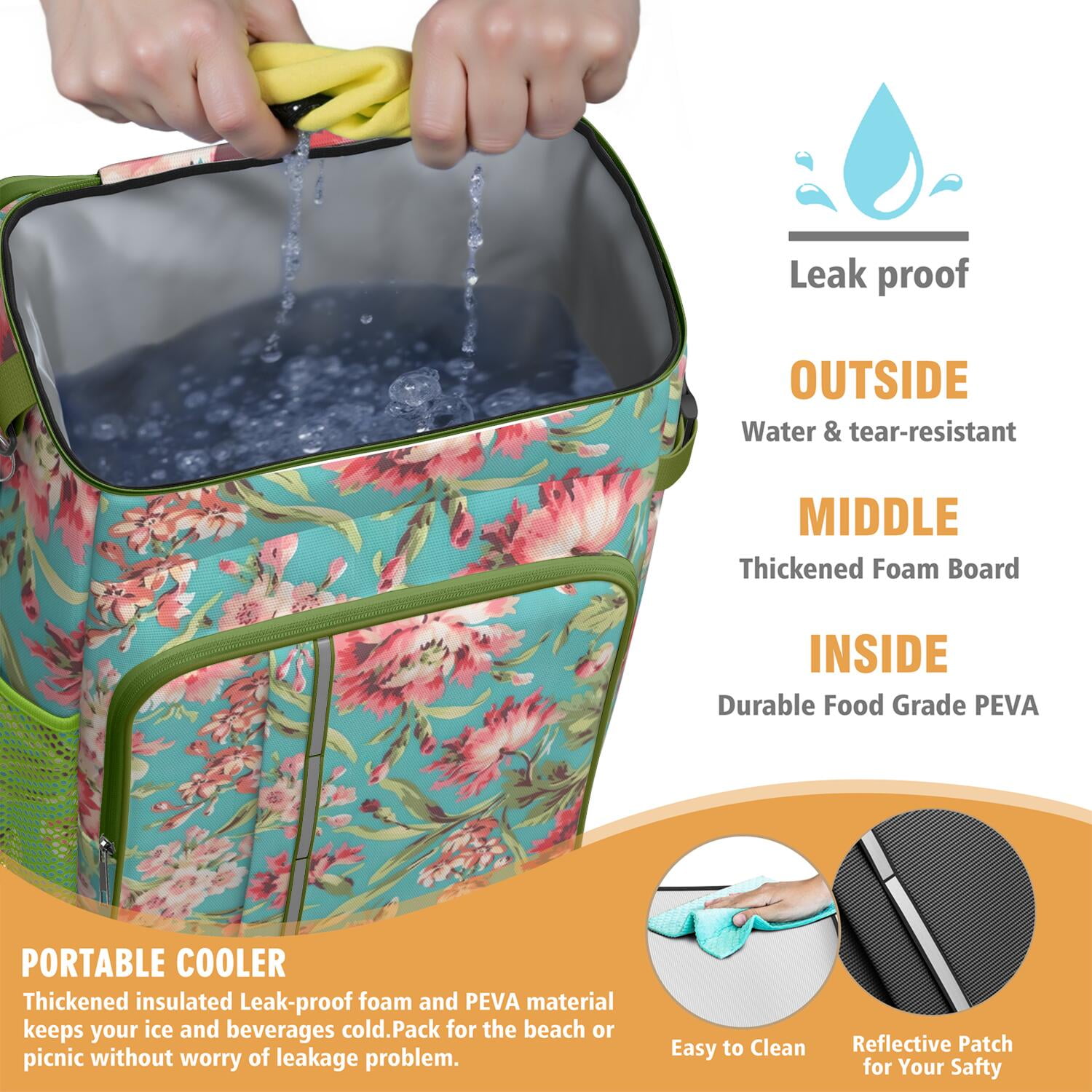 Travel Cooler Bag - Pioneer Flower Floral Print Pattern Camping Beer Cooler Backpack with Bottle Opener- Waterproof Insulated Picnic Backpacks - Cooler Bag for Beach