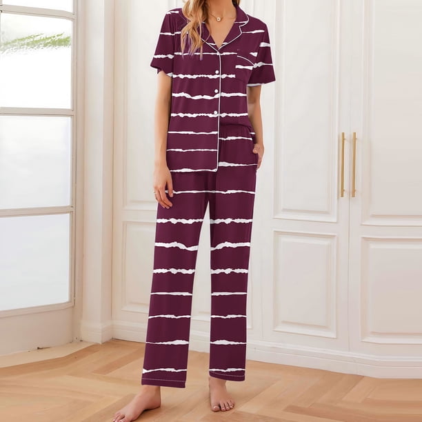Pijama de manga corta con estampado de rayas para mujer, pantalón largo y fino, con solapa, de poliéster, para mujer