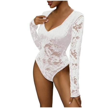 ZHAGHMIN Short Jumpsuits for Women Sexy Long Sleeve Shapewear Bodysuit Lace Corset V Neck Tummy Control Backless Tank Tops Body Suit Thongs White SizeM