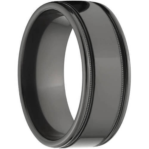 8mm Flat Black Zirconium Ring with Two Grooves and a Raised Center