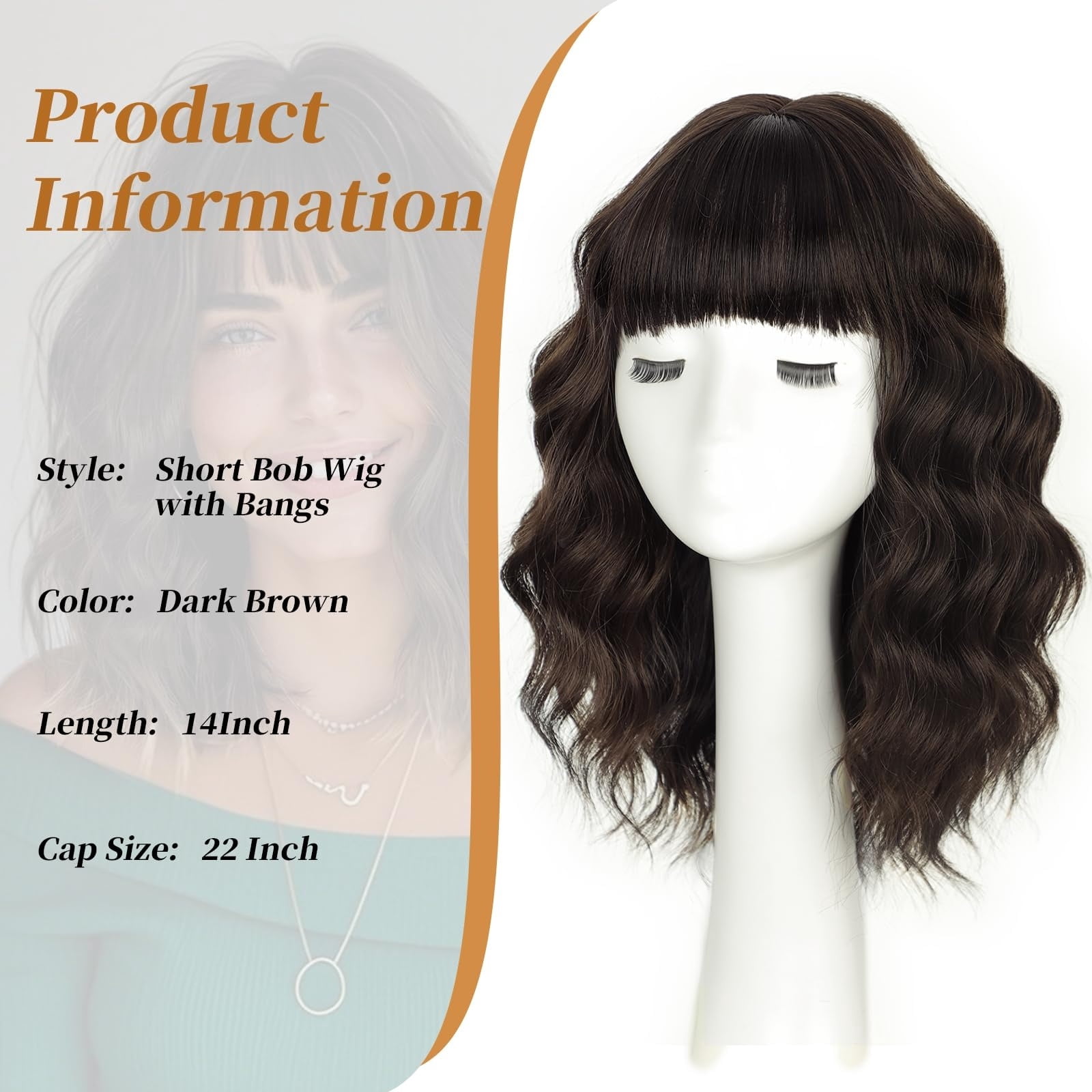 Wig with Bangs Short Bob Wigs for Women Shoulder Length Wavy Curly Wigs Synthetic Fiber Wigs 14 Inches for Daily Party Use