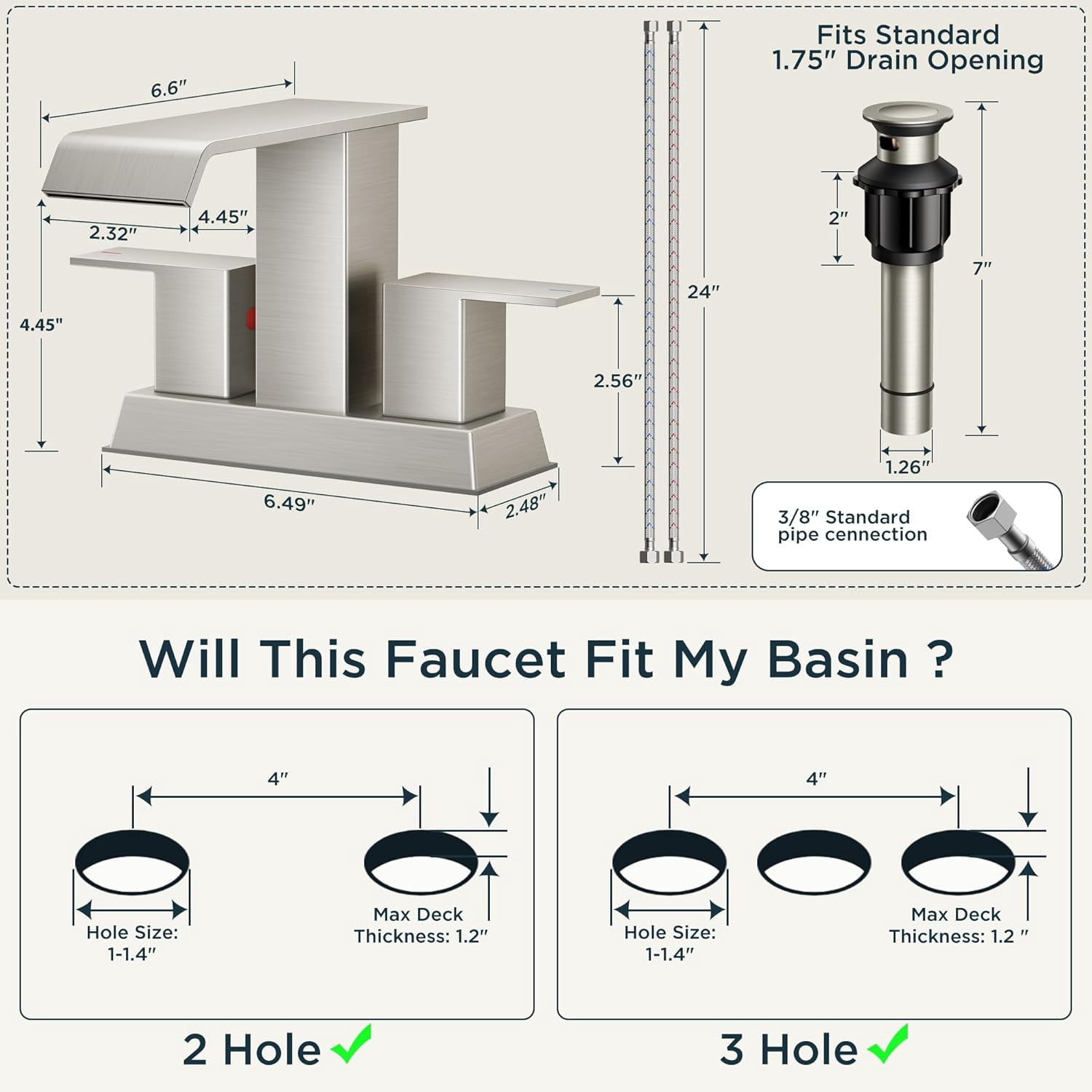 4 Inch Centerset Bathroom Sink Faucet 2 or 3 Hole Brushed Nickle Double Handle, Waterfall Bathroom Faucets with Metal Pop Up Drain and Flexible Hose, Suitable for Vanity RV Restroom Remodel
