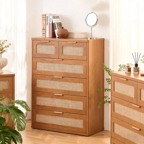 Leyaoyao 6 Drawer Dresser, 42" Tall Rattan Wood Chest of Drawers, Bedroom Storage Cabinet for Living Room, Natural Oak
