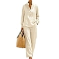 thumbnail image 2 of Stralyhd Womens 2 Piece Outfits Long Sleeve Stand Collar Button Down Shirt Wide Leg Pants Summer Casual Trendy Lounge Set Beige XXL, 2 of 6