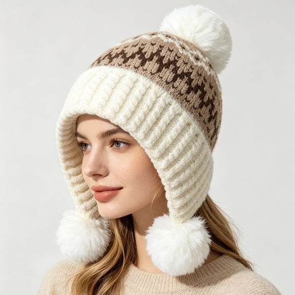 AVRNLIQ Fair Isle Knit Beanie Womens Ear Flap Winter Hat with Pom Pom White