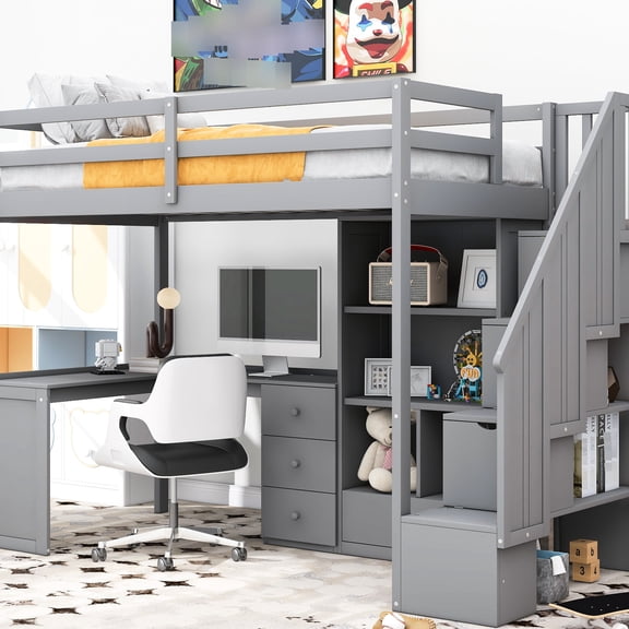 Twin Loft Bed With L-shaped Desk, Cabinet, Drawers, And Beyond Argument Staircase - Gray Storage