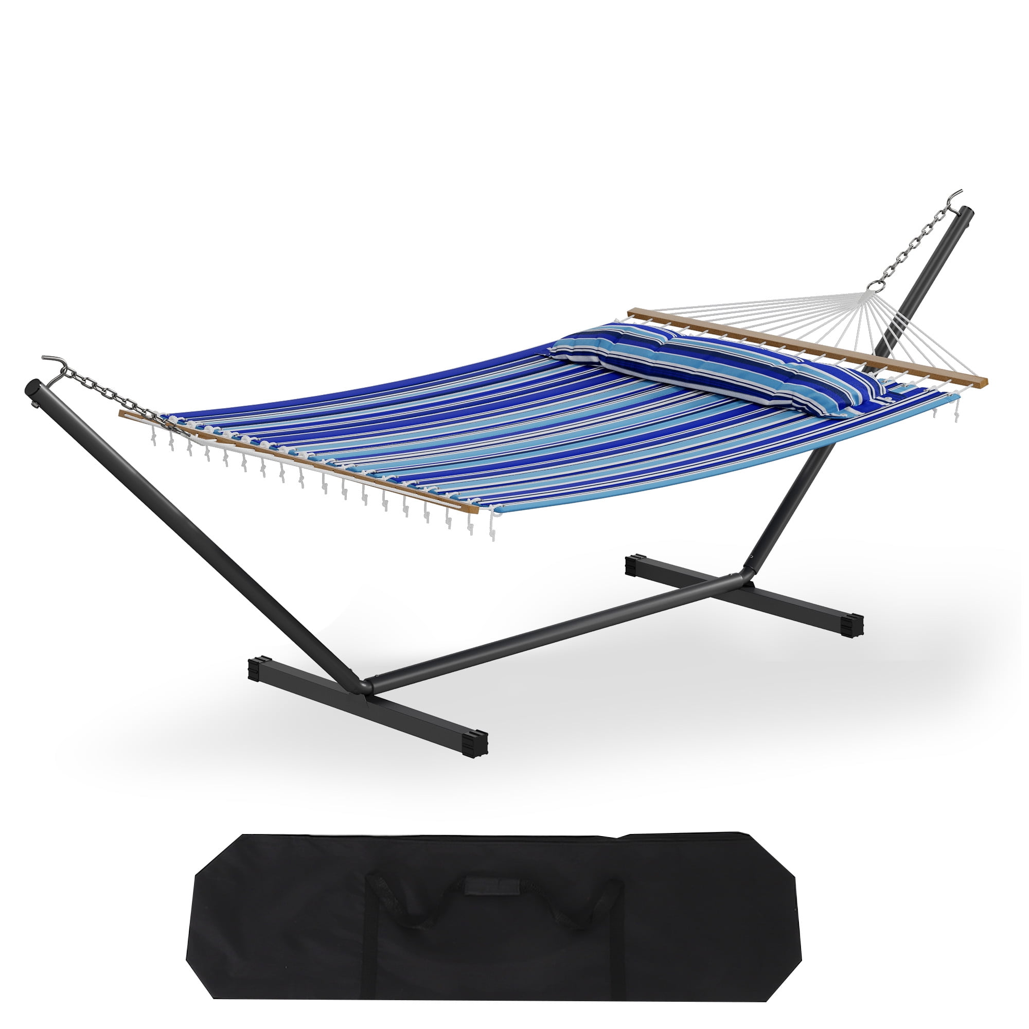 IdealHouse 57" Double Hammock with Heavy Duty Stand – 2 Person Hammock, Widening Cotton Fabric Design, 450 LB Capacity for Indoor & Outdoor Use (Blue)