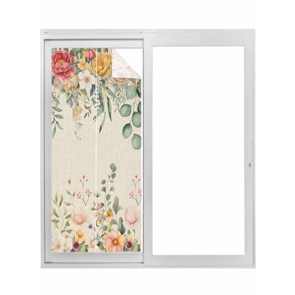 Watercolor Floral Window Privacy Film, Spring Roses Eucalyptus Leaf Plants Beige Static Cling UV Sun Blocking Tint Film Heat Control Windows Films for Bedroom Bathroom, Window Stickers 17.7"x39.3"
