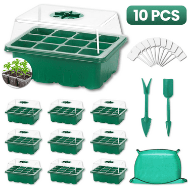 ECOOLAND 10 Packs Seed Starter Tray Kits with Humidity Dome, Reusable 120 Cells Plants Germination Trays with Repotting Mat for Base Mini Greenhouse