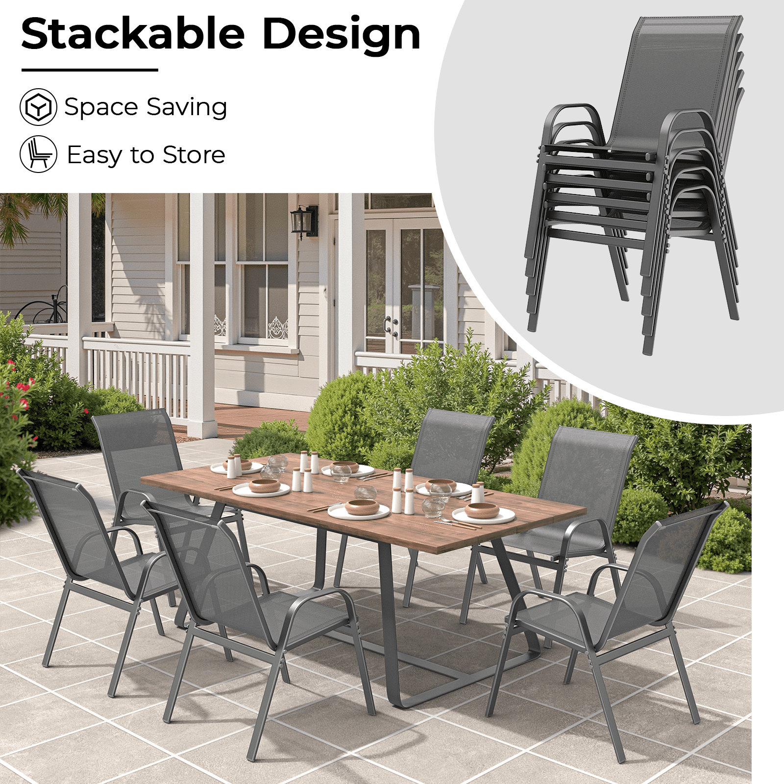 Vitarpatio Outdoor Patio Dining Chairs Set of 6, Stackable Patio Chairs Metal Outdoor Chairs High Back Textilene Armchairs
