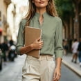 thumbnail image 6 of VBVC Women's Linen Stand Collar V Neck Blouse, Ladies' Long Sleeve Work Shirt, Elegant Office Top For Women, Green , S-2XL, 6 of 7