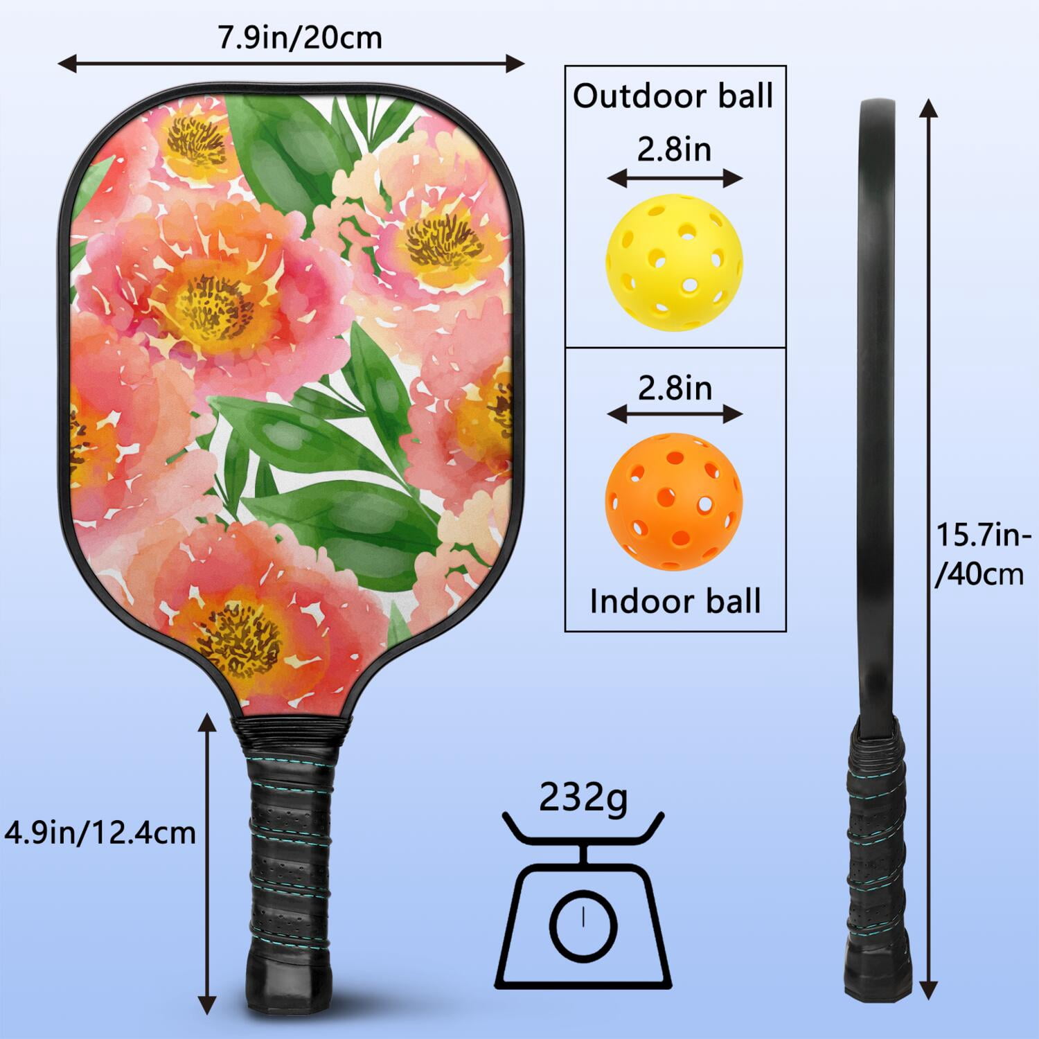 Pickleball Paddles Set Of 2, Fiberglass Surface, Vintage Floral Print, 4 Balls & Bag
