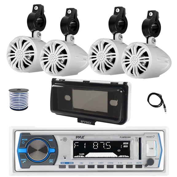 Pyle PLMRB29W Single DIN Bluetooth Marine MP3 AM/FM Stereo Receiver with White Cover, 22" Radio Antenna, Wire, 4x 2.25" 10W Max Full Range Waterproof Off-Road Audio Speakers (White)