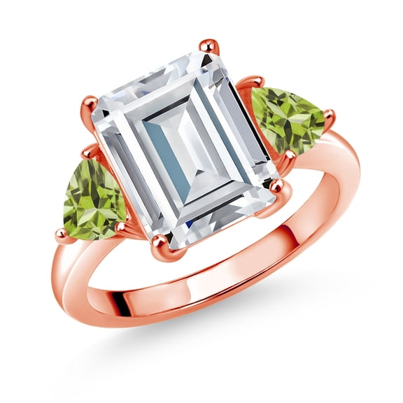 Gem Stone King 18K Rose Gold Plated Silver Green Peridot Ring Set with Moissanite (8.34 Cttw)