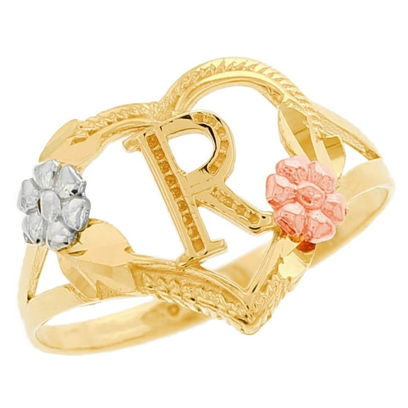 JackAni 10k Multi-Tone Gold Diamond Cut Floral Letter Initial R Heart Ring