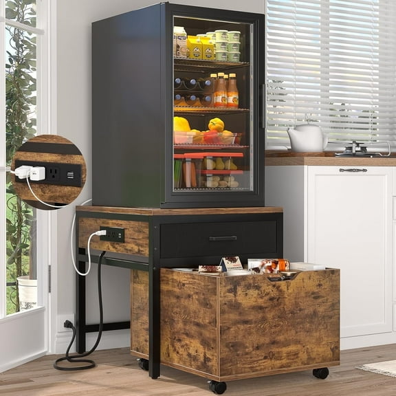 Homieasy Mini Fridge Stand with Drawer Storage & Sockets, Heavy Duty Mini Refrigerator table with Rolling Cabinet for Dorm, Apartment, Office, Mini Fridge and Microwave Stand,Rustic Brown