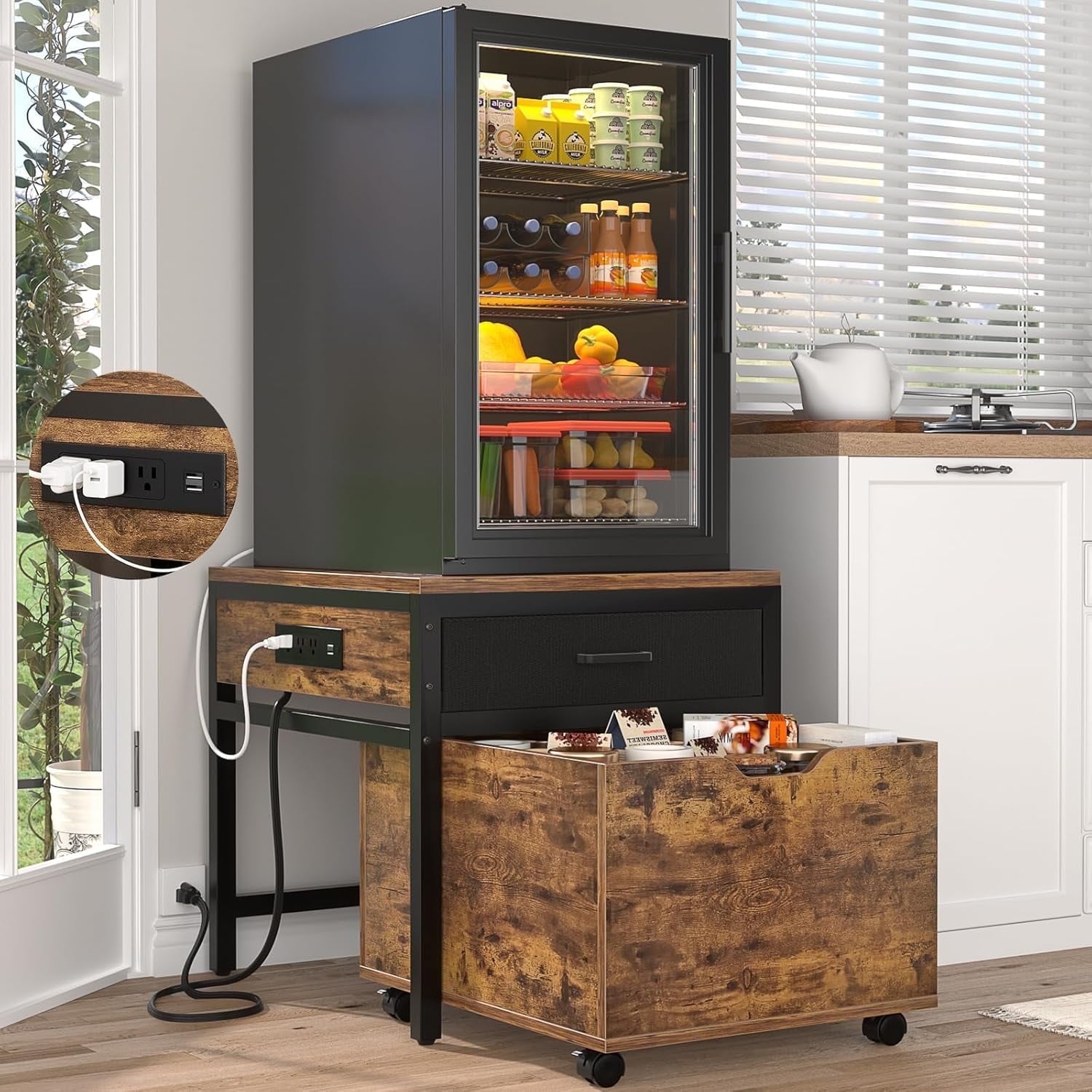 Homieasy Mini Fridge Stand with Drawer Storage & Sockets, Heavy Duty Mini Refrigerator table with Rolling Cabinet for Dorm, Apartment, Office, Mini Fridge and Microwave Stand,Rustic Brown