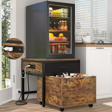 Homieasy Mini Fridge Stand with Drawer Storage & Sockets  Heavy Duty Mini Refrigerator table with Rolling Cabinet for Dorm  Apartment  Office  Mini Fridge and Microwave Stand Rustic Brown