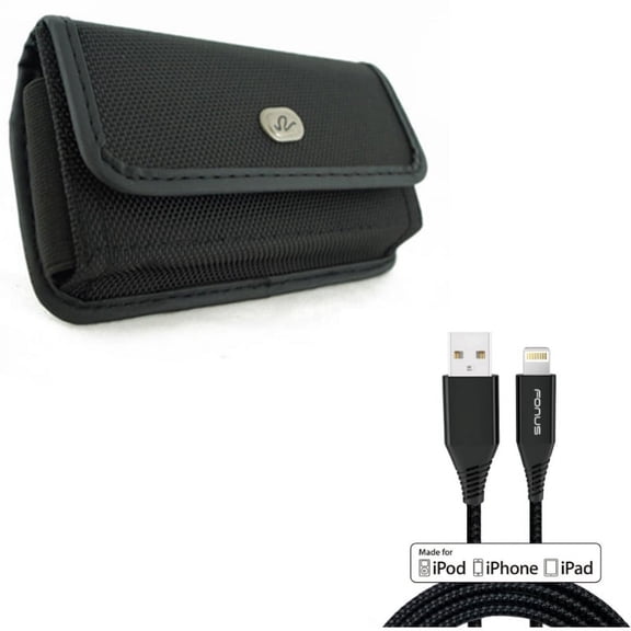 6ft MFi USB Cable w Case Belt Clip for iPhone XS/X - Certified Charger Cord Power Wire Braided, Rugged Holster Canvas Cover Pouch for iPhone XS/X