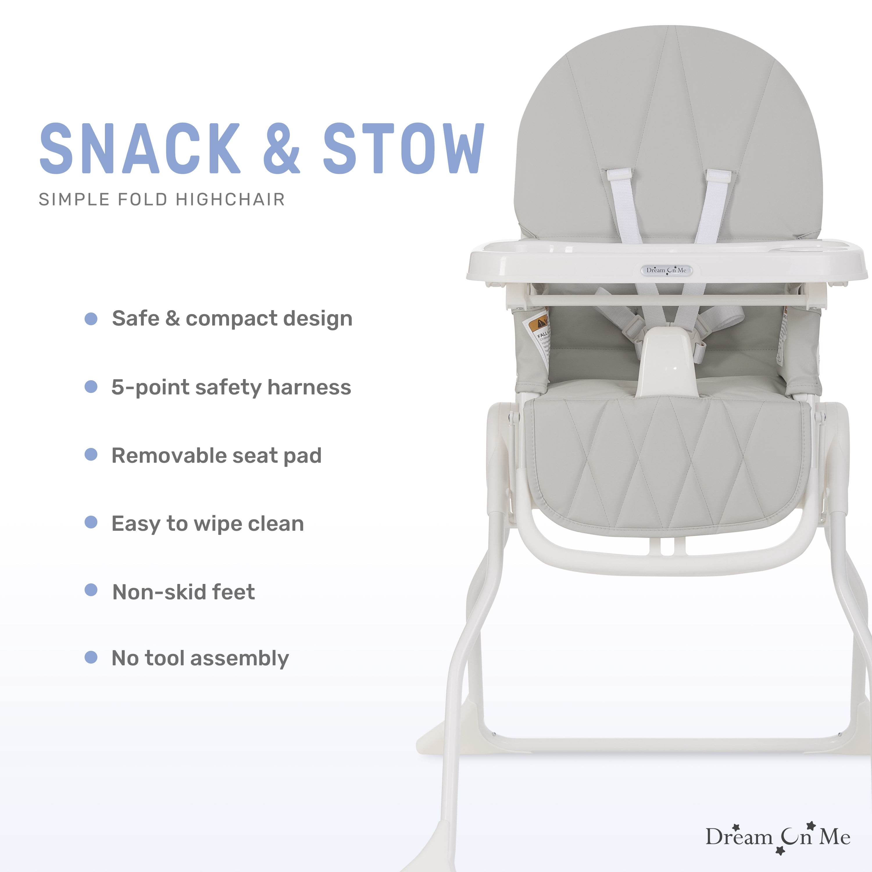 Dream On Me Snack and Stow Baby high Chair, Easy to fold and Store Travel high Chair, Removable and Three Position Adjustable Tray Portable high Chair, Koala Gray