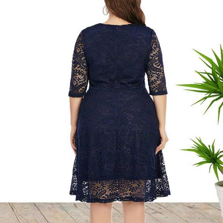 Plus Size Navy Blue Lace  Semi Formal Dresses With Half