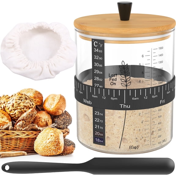 1PC 51oz Borosilicate Glass Sourdough Starter Jar Kit Sourdough Bread Starter Kit with Bamboo Lid Cloth Cover for Fermentation