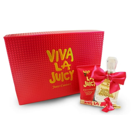 Juicy Tubes Gloss Set - Viva La Juicy 3 Pc. Gift Set ( Eau De Parfum Spray 3.4 Oz + Bodycreme Souffle 4.2 Oz + Eau De Parfum Spray .33 Oz ) for Women by Juicy Couture