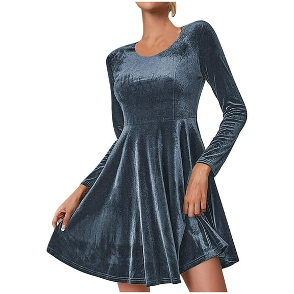 Long Sleeve Dress for Women Casual Crew Neck Grand Velvet Dress Solid Color Mid Length Dress