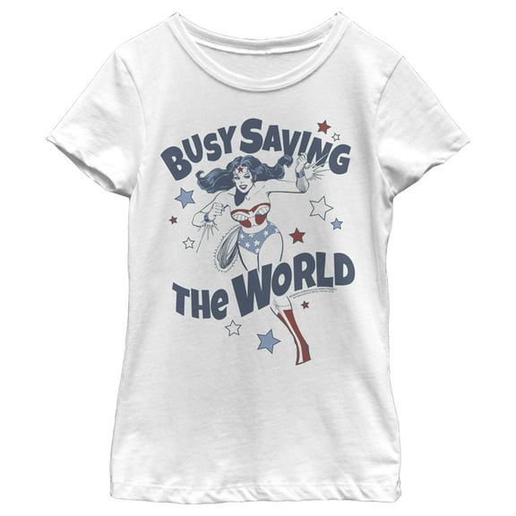 Girl's Wonder Woman Busy Saving the World  Graphic Tee White Medium