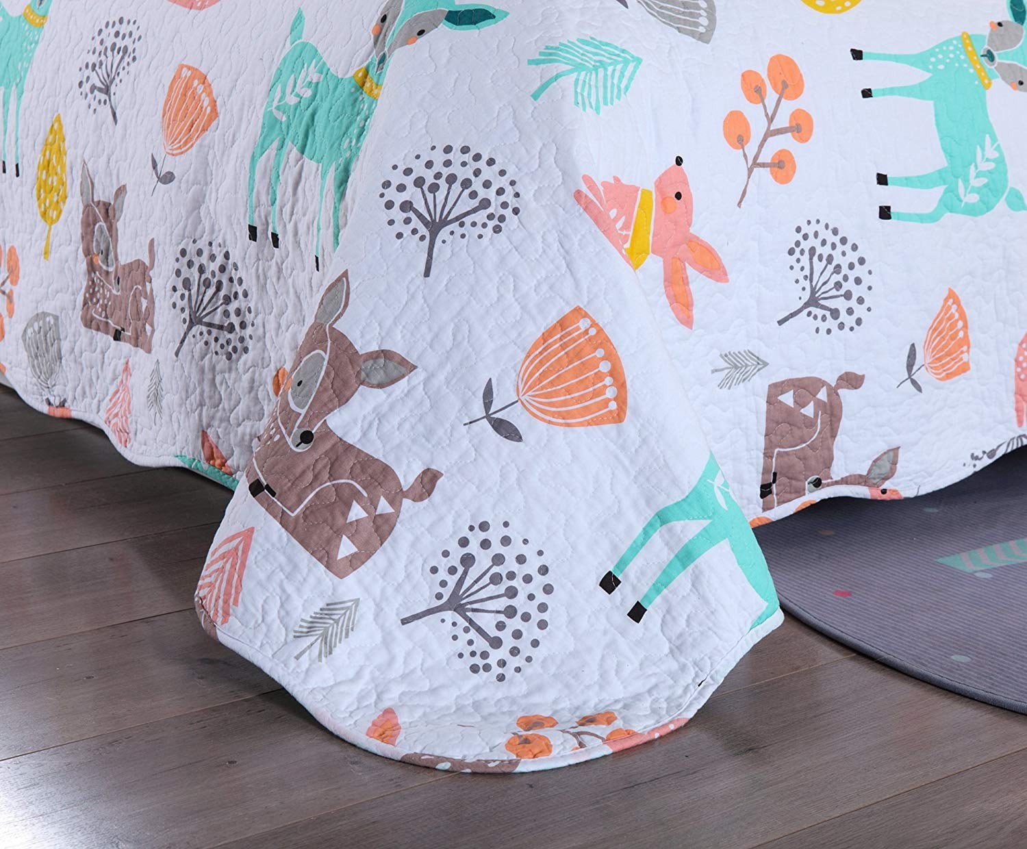 100% Cotton 2 Piece Kids Quilt Bedspread Comforter Set Throw Blanket for Teens Boys Girls Kids Beds Bedding Coverlet Teal Blue Forest Deer