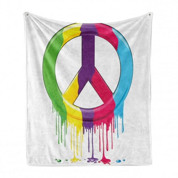 Groovy Soft Flannel Fleece Throw Blanket, Digital Peace Dripping Paint Liquid Colors Pacifism Themed Old Movements, Cozy Plush for Indoor and Outdoor Use, 60" x 80", Multicolor, by Ambesonne