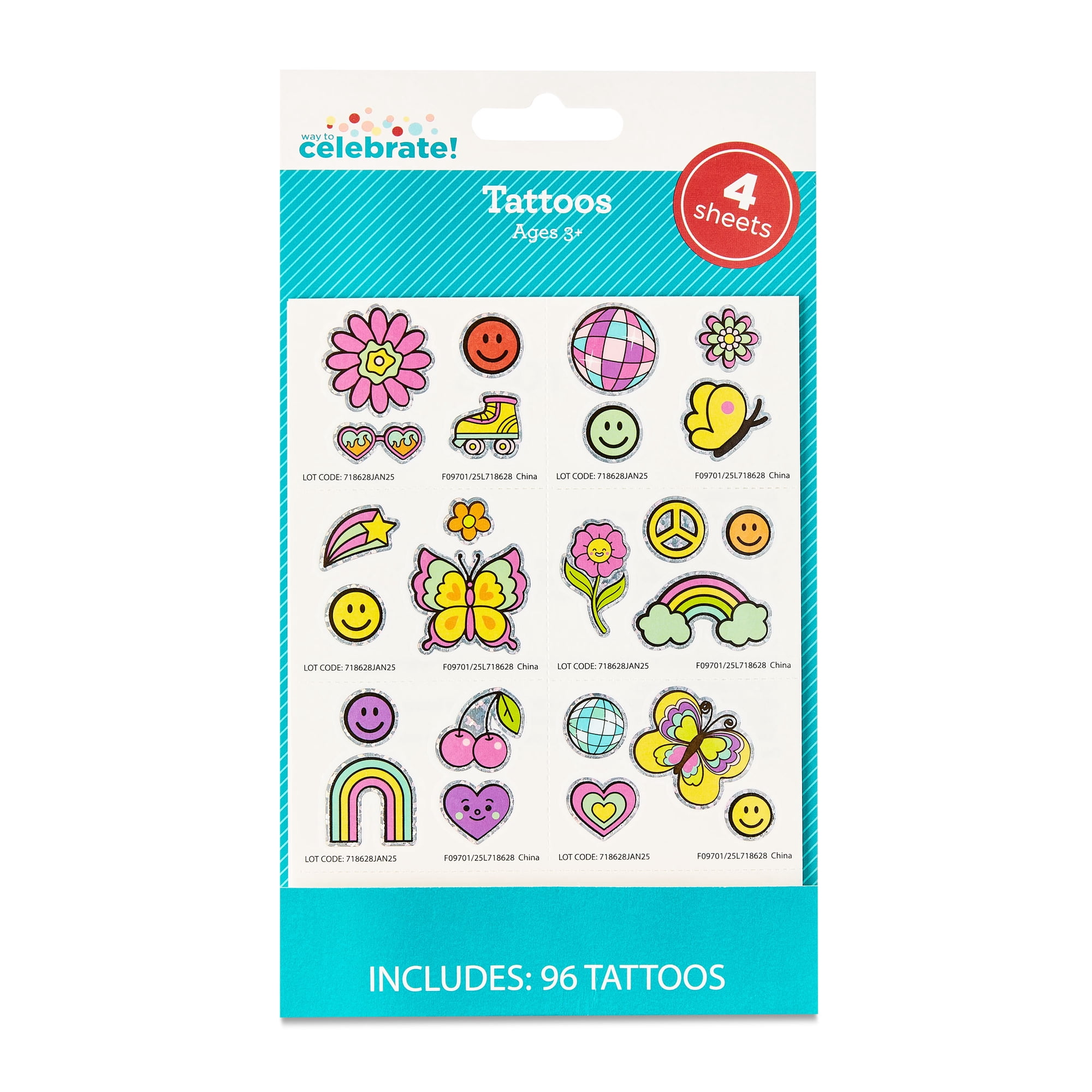 Way To Celebrate Bright and Bold Temporary Tattoo Party Favors, 96 Count
