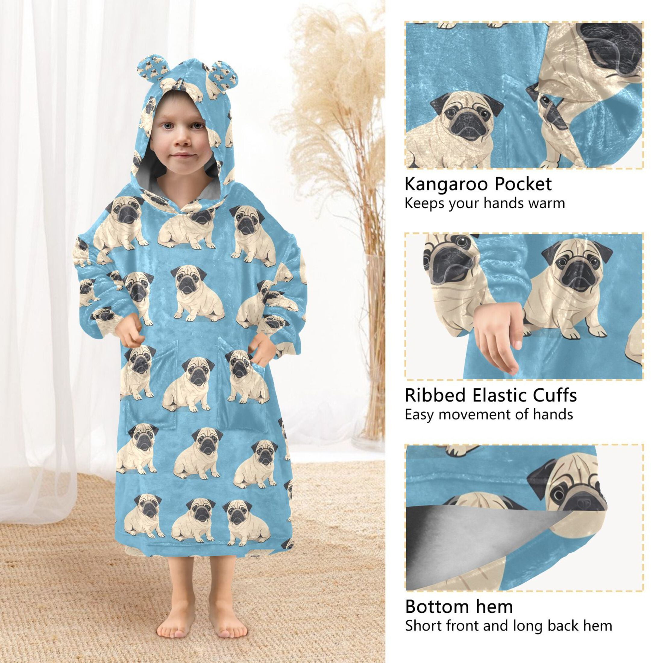 joogoo Blanket Hoodie for Cartoon Bulldog Oversize Sweatshirt 3-14 YR L