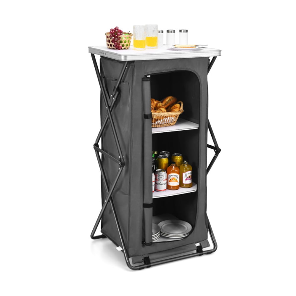 Aimee Lii Folding Camping Storage Cabinet with 3 Shelves and Carry Bag, Easy Set Up Portable Camping Kitchen, Gray-L