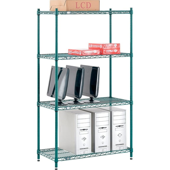 Nexel 4 Shelf Poly-Green Wire Shelving Unit Starter 36""W x 14""D x 54""H