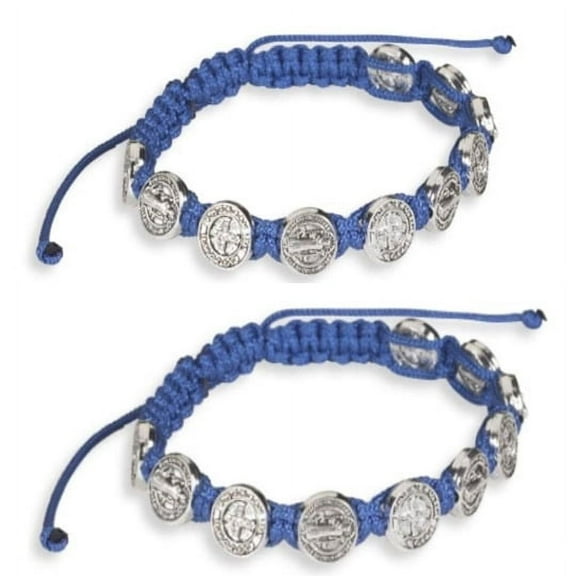Blue St Saint Benedict Cord Rosary Bracelet (10) Silver Tone Beads (SET of 2)