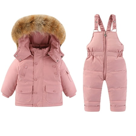 BLTIBY Kids 2 Piece Snowsuit Set Toddler Girls Boys Winter Hooded Puffer Jacket Snow Bib Pant Thickened Ski Suits with Pockets Pink 2 2-3 Years