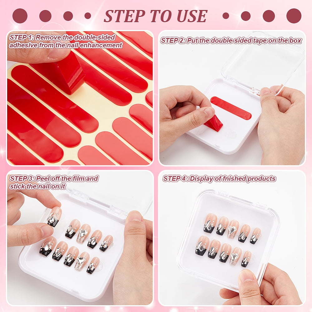 20Pcs Transparent Plastic Nail Art Tool Storage Box with 2 Sheets Double Side Adhesive Glue Sticky Tape For False Nail Tips White