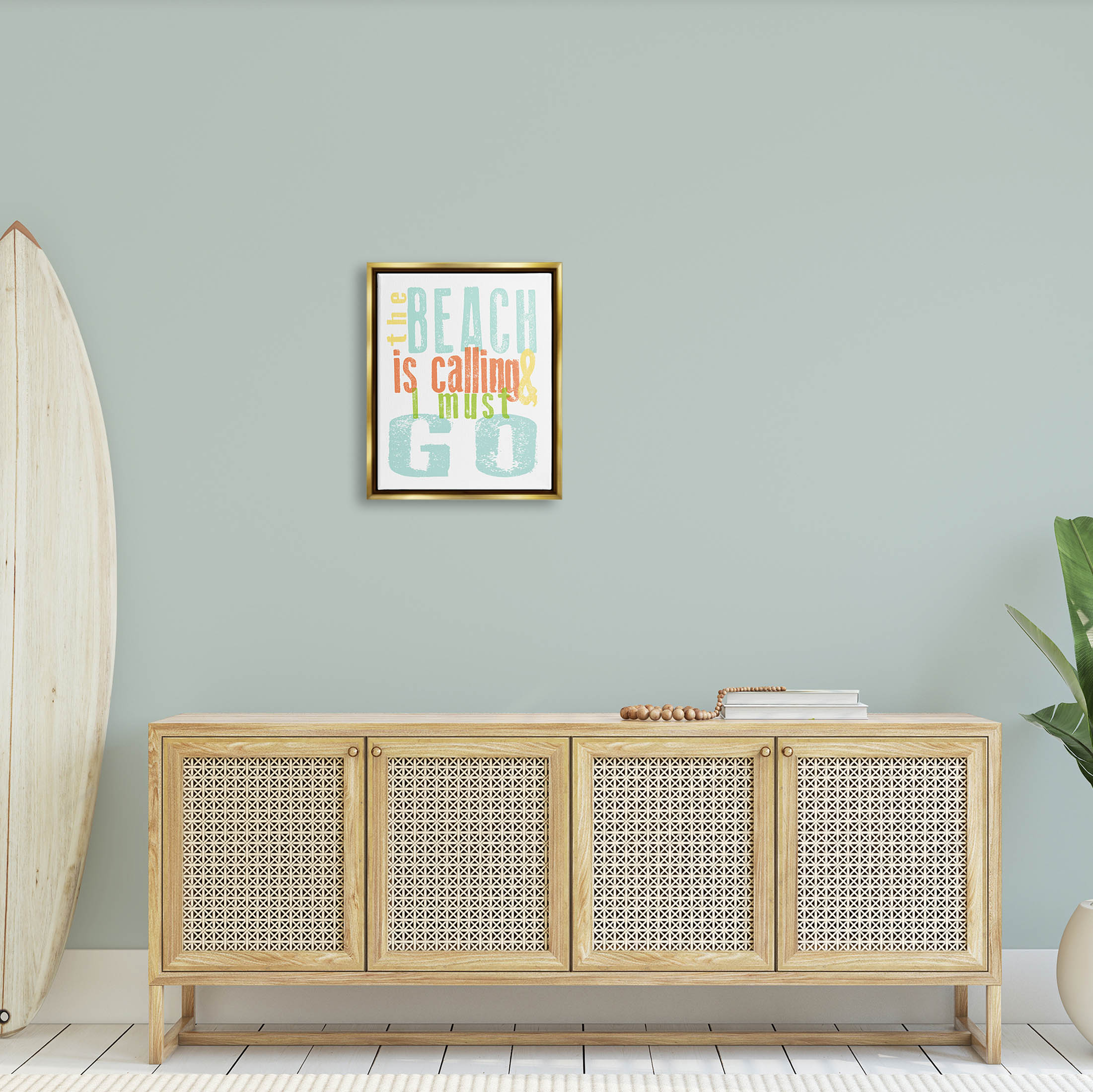 Stupell Industries Beach Is Calling I Must Go Phrase Graphic Art Metallic Gold Floating Framed Canvas Print Wall Art, Design by Alli Rogosich