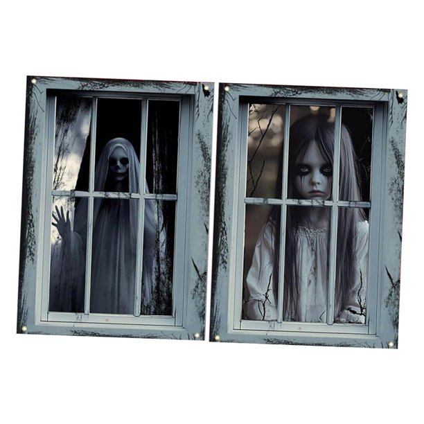 2 decoraciones de Halloween para ventanas con cuerda para puertas, póster de portada aterrador para fiestas fantasma femenino