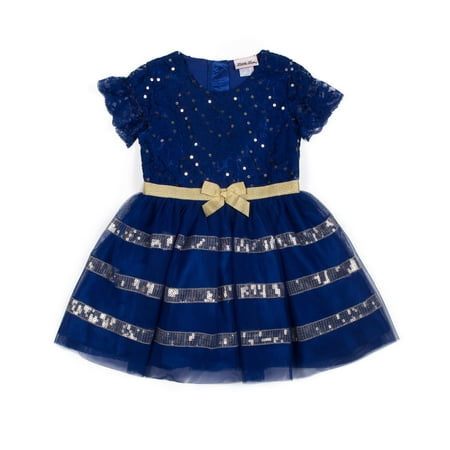 Short Sleeve Mesh Overlay Special Occasion Holiday Dress (Baby Girls & Toddler Girls)