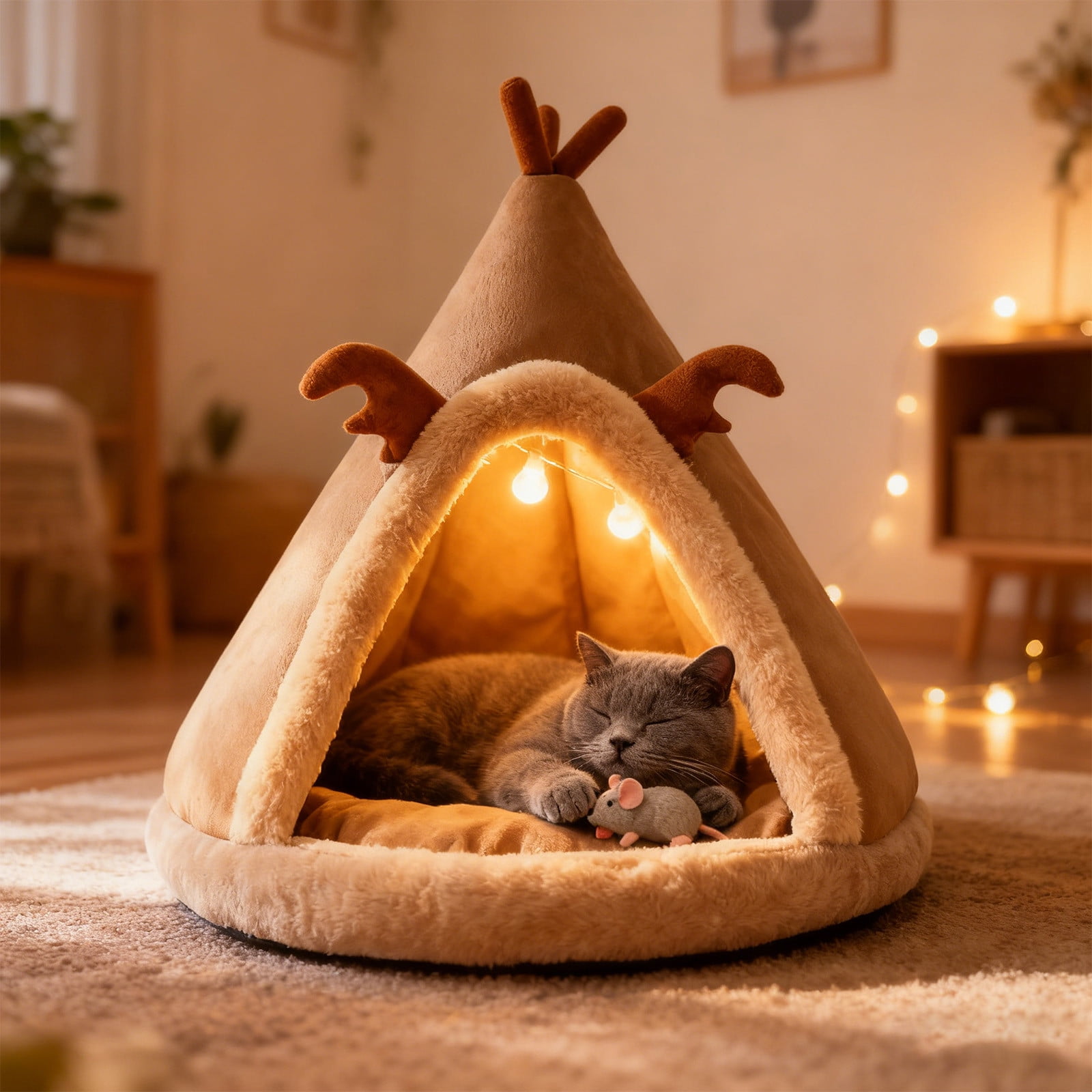 Deer Antler Teepee Pet Bed With Thick Cushion Cozy Cat Tent Bed For Indoor Small Animals(Brown-15In)