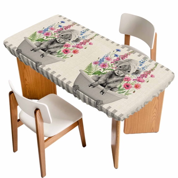 Pink Flowers Yak Table Cloths for 6 Foot Rectangle Tables, Vintage Spring Floral Bathtub Retro Art Rustic Patio Waterproof Elastic Fitted Tablecloths, Washable Rectangular Table Cover for Camping