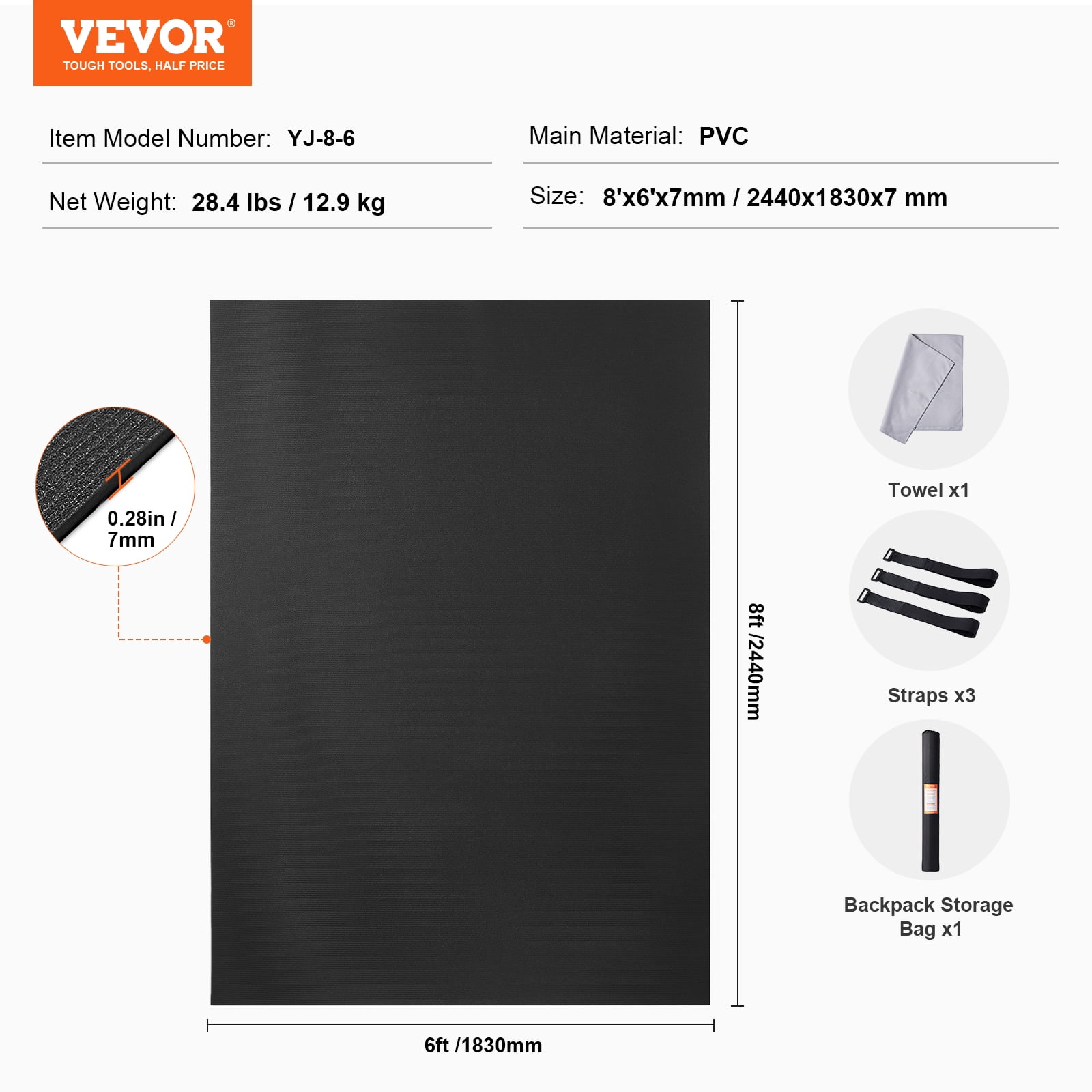 VEVOR Exercise Mat, Non Slip High Density Premium Yoga Mat, Exercise Yoga Mat for Men & Women, Fitness & Exercise Mat with Bag & Carry Strap, for All Types of Home Yoga, Floor Workout (8x6ft)
