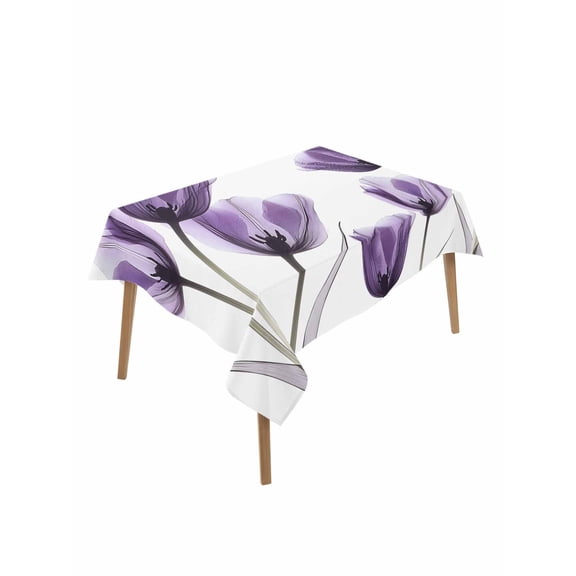 Purple Tulip Floral Table Cloth, Pastel Country White Wildflower Waterproof Tablecloth for Rectangle Tables, Reusable Washable Fabric Table Cover for Restaurant Kitchen Dining Tables 52"x70"