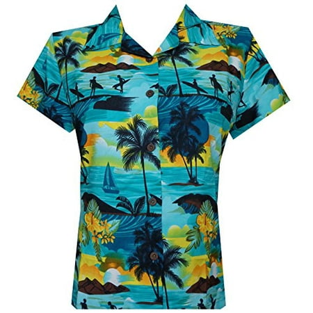 Hawaiian Shirt 43W Women Allover Aloha Beach Camp Swim Top Blouse Turquoise
