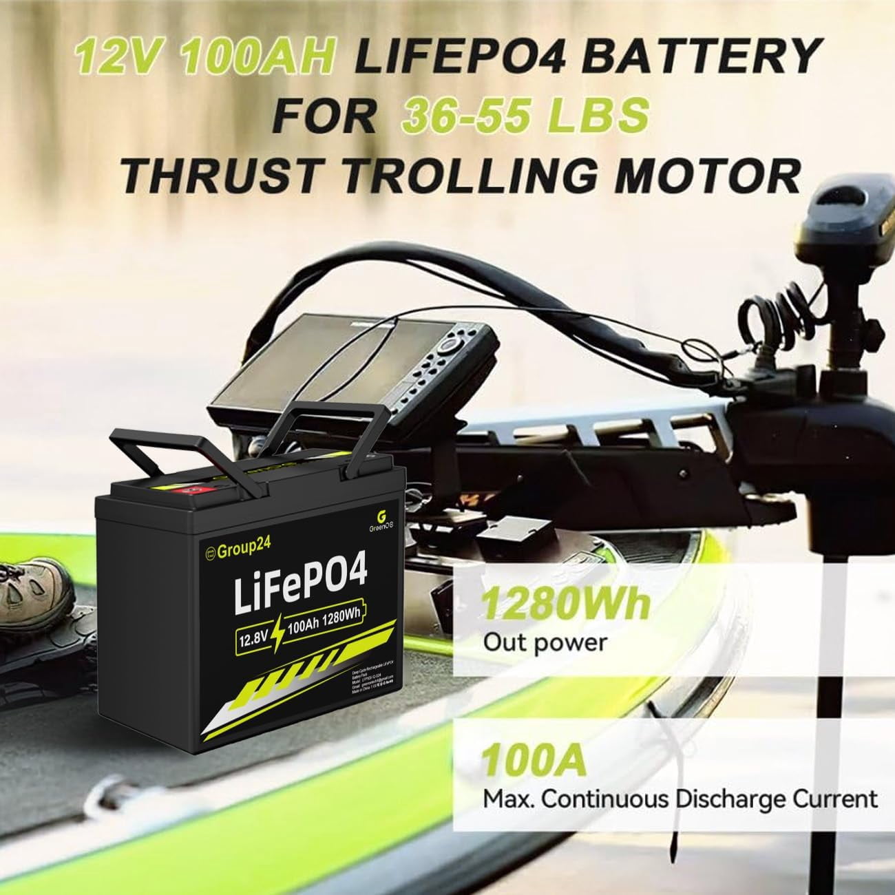 GreenOE 12V 100Ah BCI Group 24 LiFePO4 Battery with Built-in 100A BMS, 15000 Deep Cycles for Solar System, Camping, Home Backup, Trolling Motor